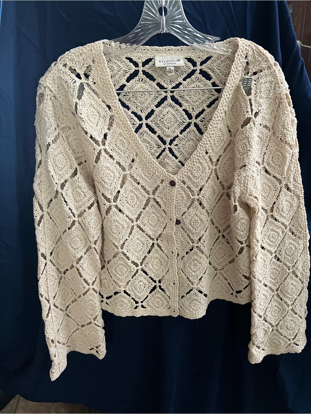 bobeau Cream Crochet V-Neck Openwork Sweater